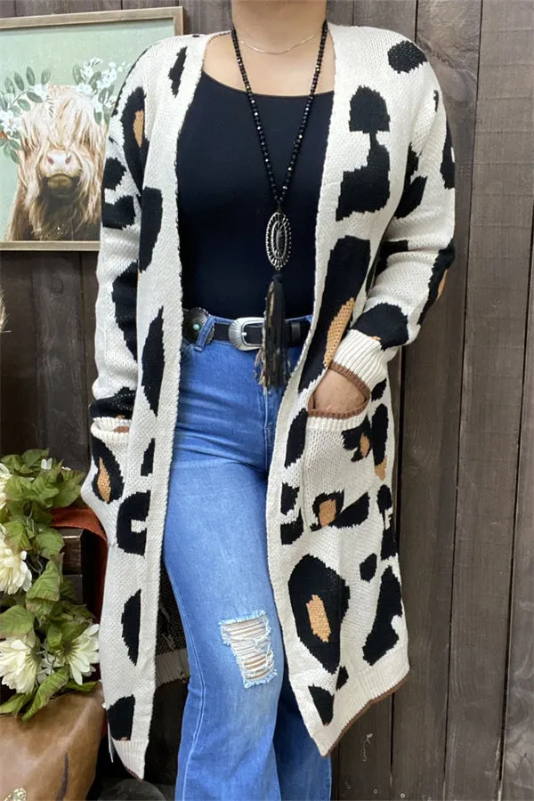 MY15267 Big Leopard printed long style cardigan/sweater long sleeve tighten cuff knitted fabric