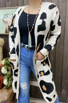 MY15267 Big Leopard printed long style cardigan/sweater long sleeve tighten cuff knitted fabric