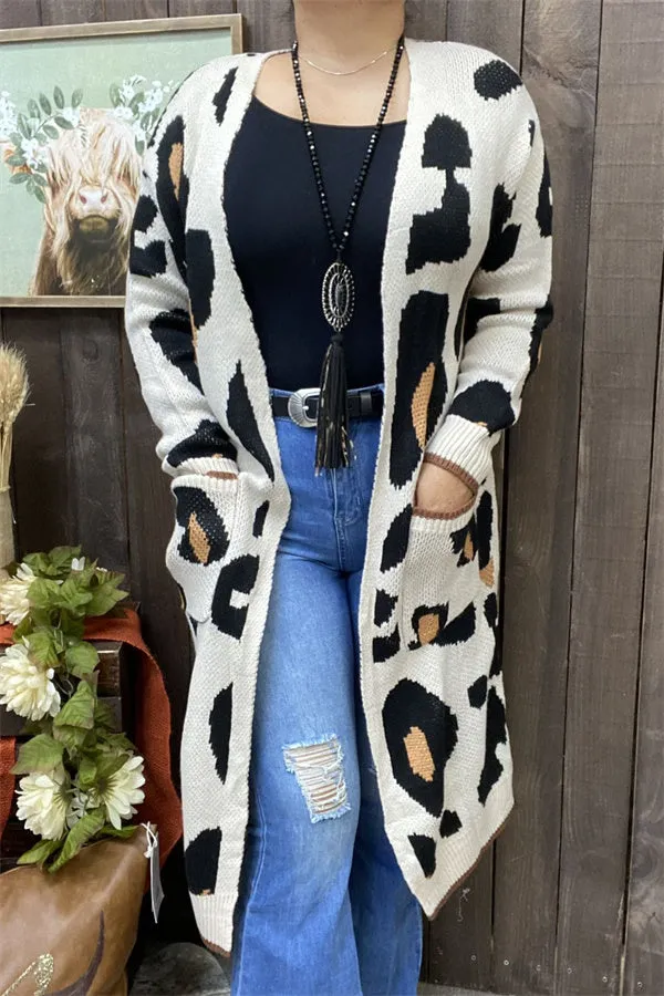 MY15267 Big Leopard printed long style cardigan/sweater long sleeve tighten cuff knitted fabric