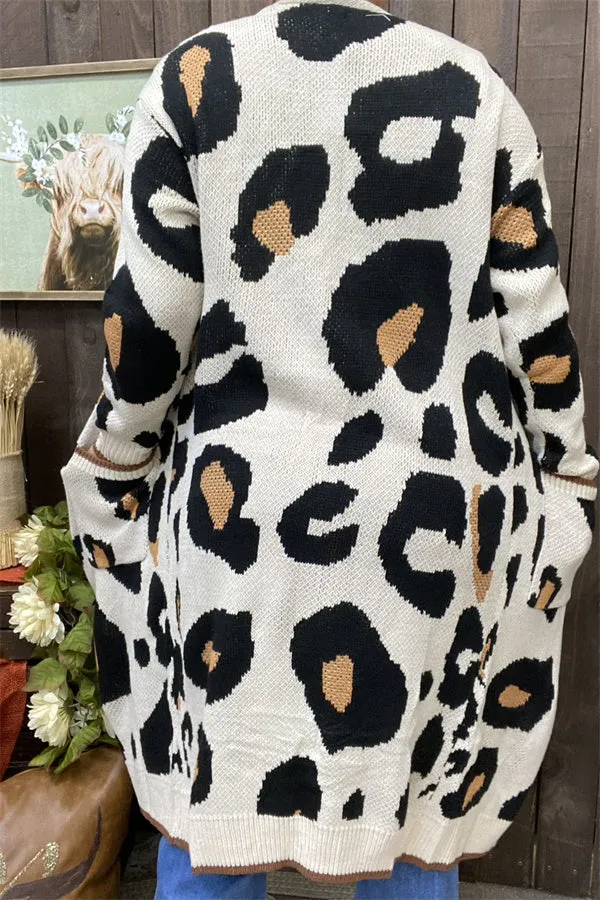 MY15267 Big Leopard printed long style cardigan/sweater long sleeve tighten cuff knitted fabric