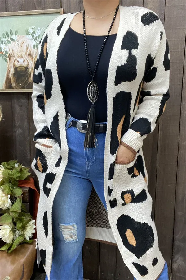 MY15267 Big Leopard printed long style cardigan/sweater long sleeve tighten cuff knitted fabric