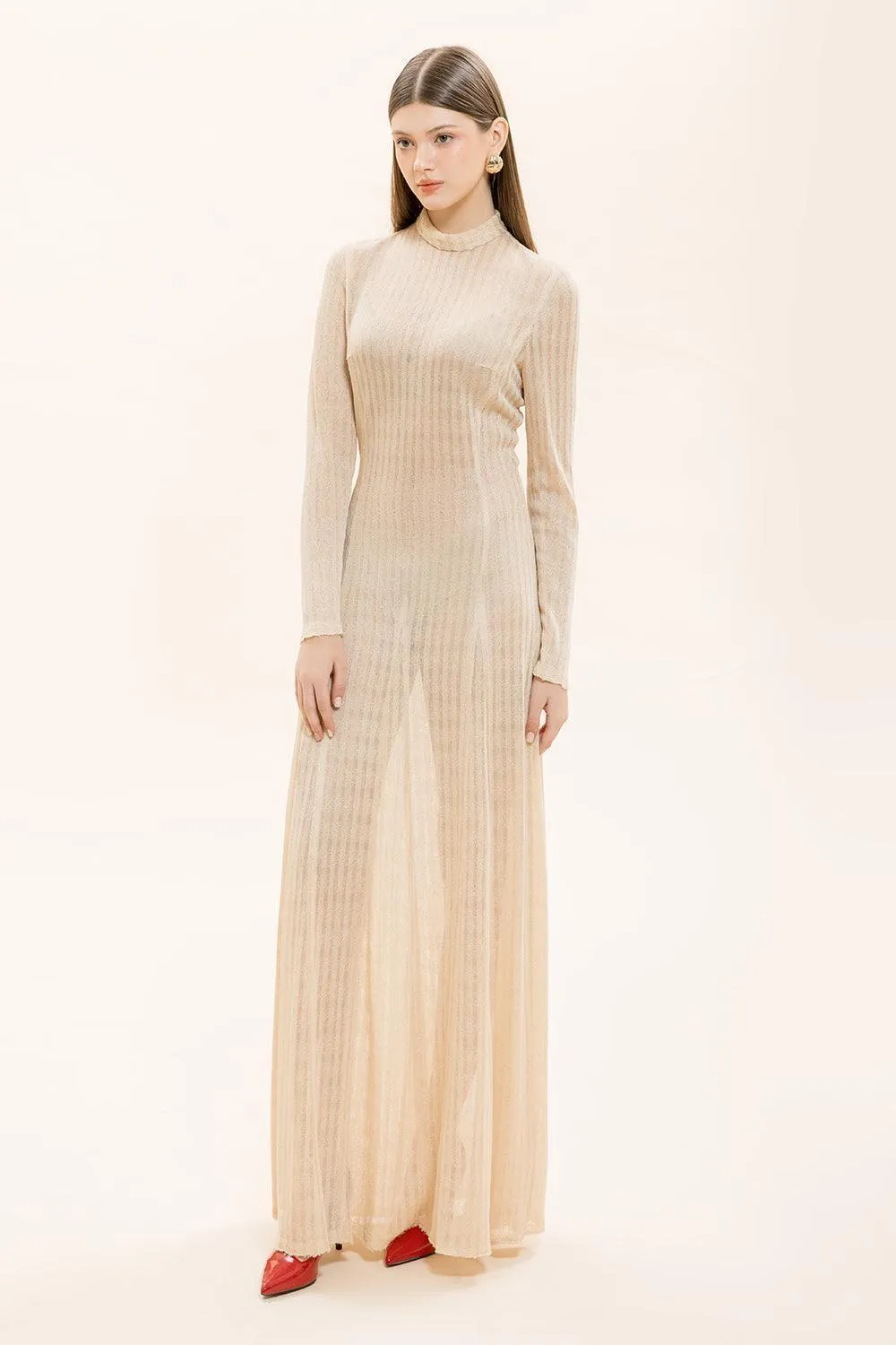 Naomi A-line Long Sleeved Knitted Fabric Floor Length Dress