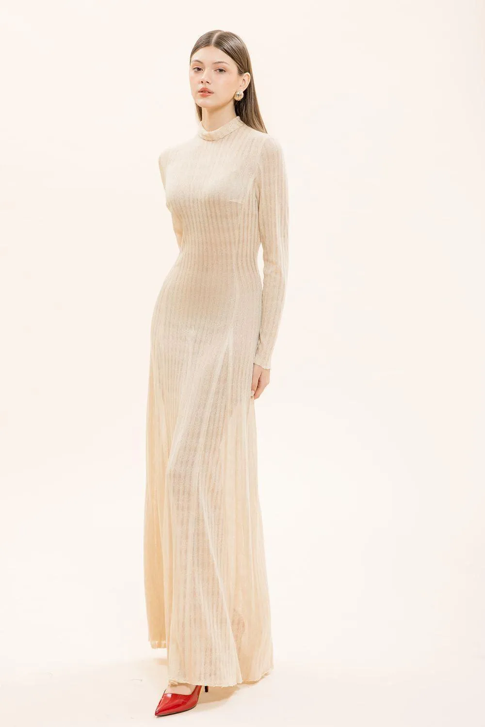 Naomi A-line Long Sleeved Knitted Fabric Floor Length Dress