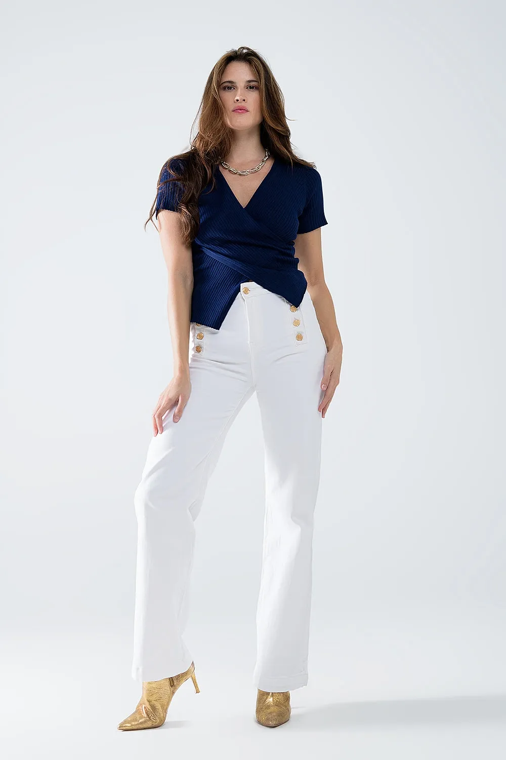 Navy Sweater with Crossed Front and V-neck