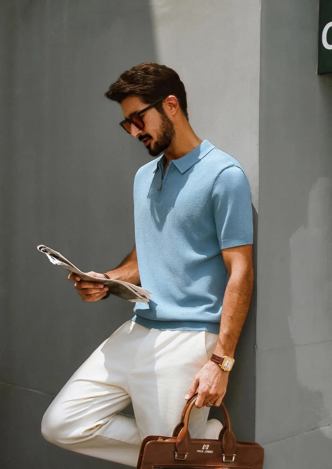 PJ PAUL JONES Men's Zipper Polo Shirt Textured Casual Knit Short Sleeve Polo T Shirt