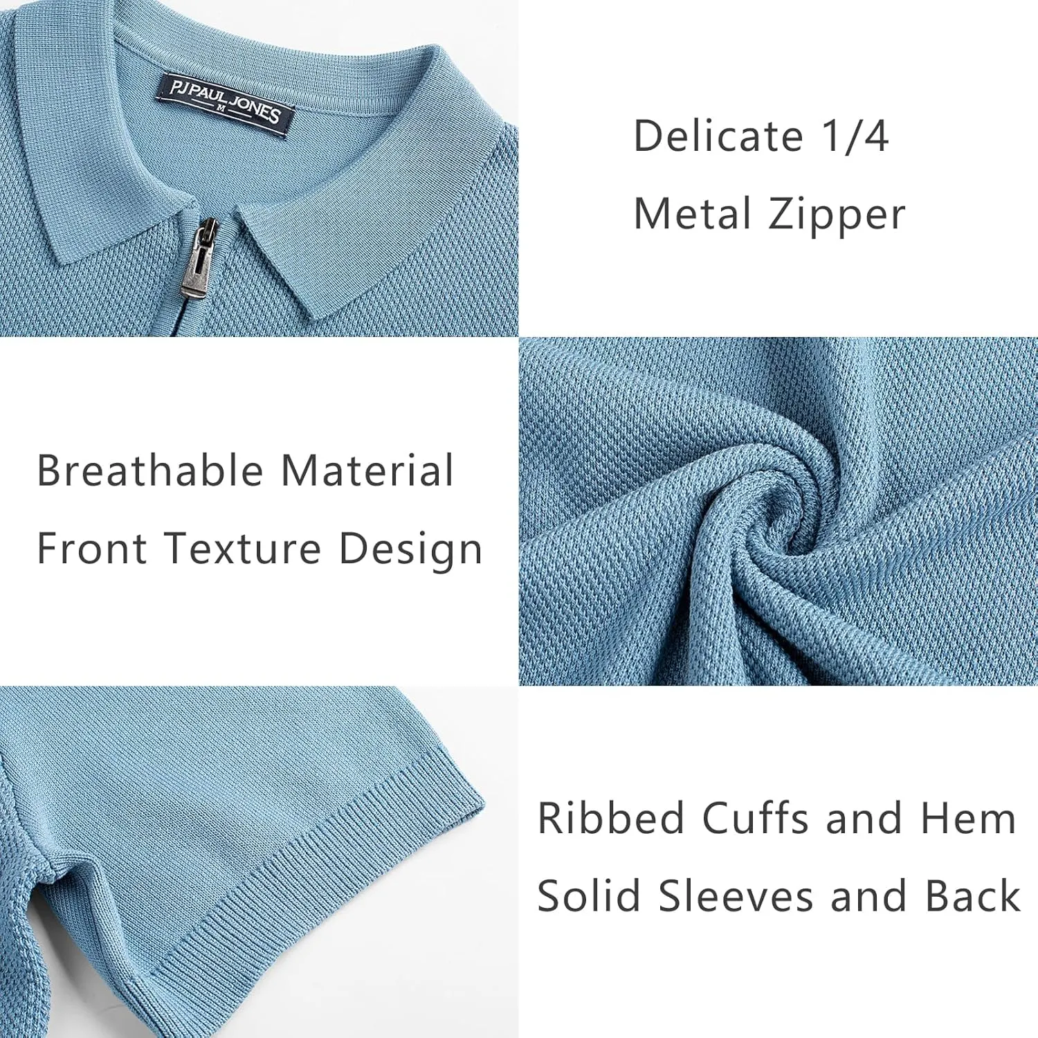PJ PAUL JONES Men's Zipper Polo Shirt Textured Casual Knit Short Sleeve Polo T Shirt