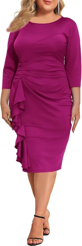 Plus Size Dresses for Women 3/4 Sleeve Bodycon Ruffle Vintage Midi Pencil Dress