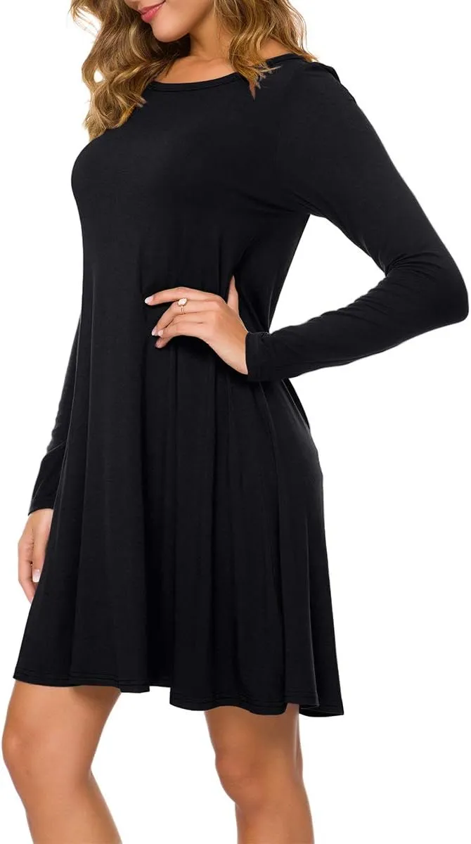 POPYOUNG Women's Spring Long Sleeve T Shirt Dresses Casual Swing Dress