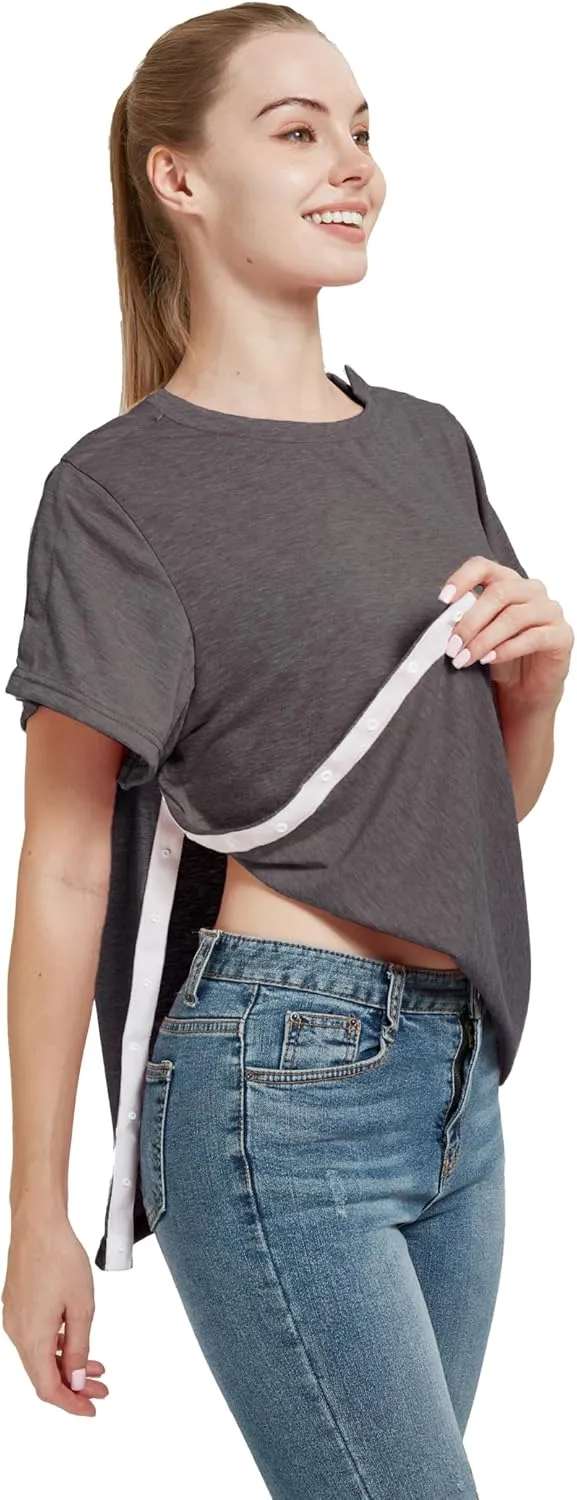 Post Shoulder Surgery Shirt, Women's Short Sleeve Shirt with Premium Snap, Chemo Clothing