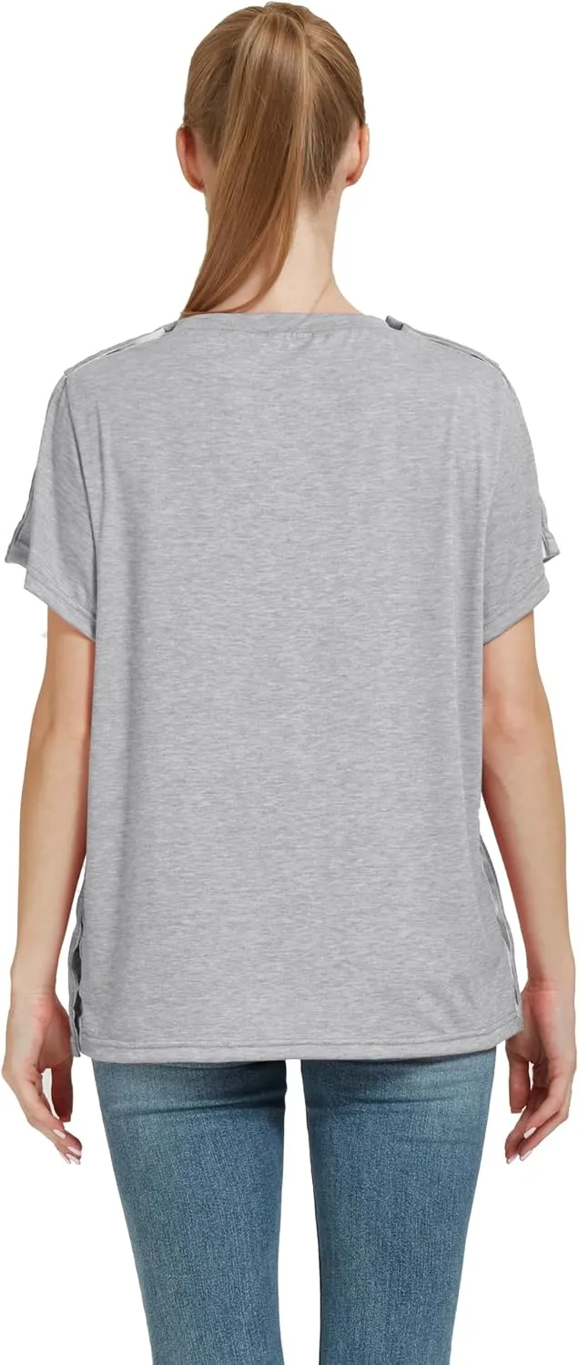 Post Shoulder Surgery Shirt, Women's Short Sleeve Shirt with Premium Snap, Chemo Clothing