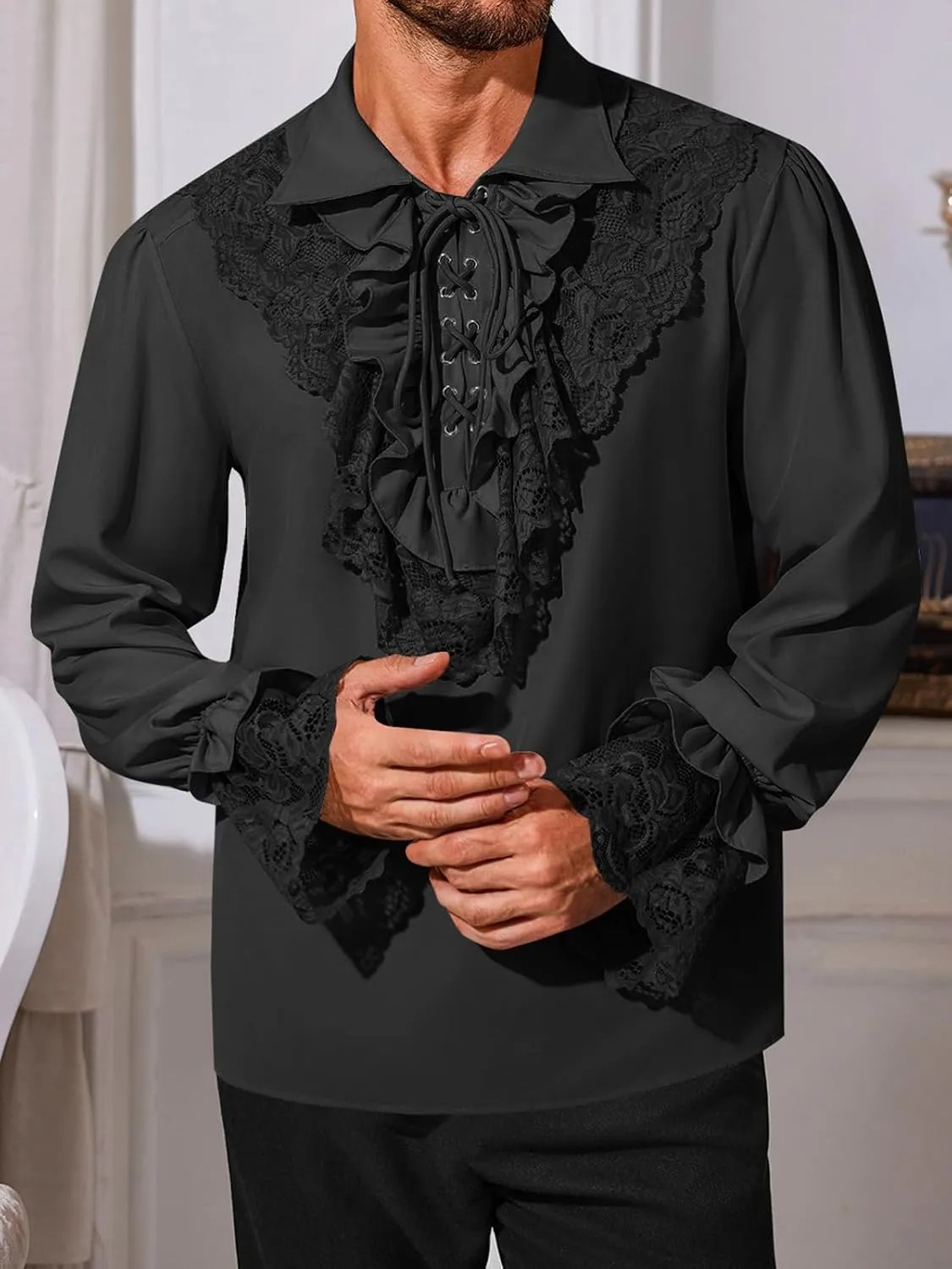 Runcati Mens Pirate Shirt Ruffle Renaissance Victorian Vampire Poet Shirts Steampunk Gothic Medieval Lace Costume