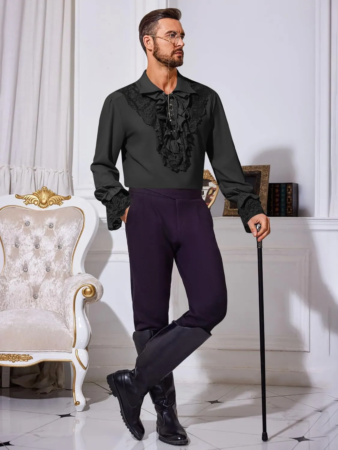 Runcati Mens Pirate Shirt Ruffle Renaissance Victorian Vampire Poet Shirts Steampunk Gothic Medieval Lace Costume