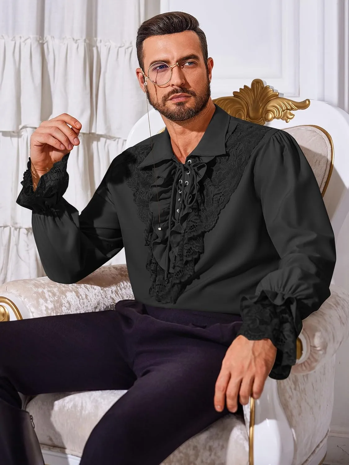 Runcati Mens Pirate Shirt Ruffle Renaissance Victorian Vampire Poet Shirts Steampunk Gothic Medieval Lace Costume