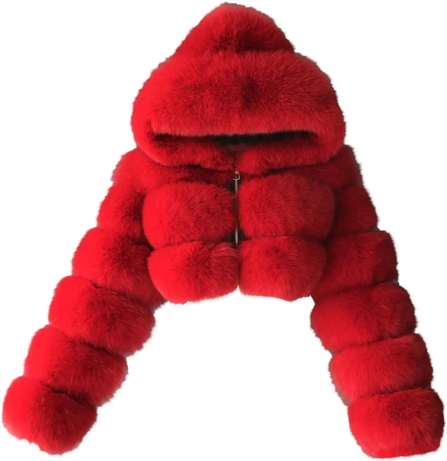 SACFOF Women's Winter Warm Jacket Faux Fur Hooded Jacket Long Sleeve Sexy Short Coat Winter Cropped Shearling Furry Overcoat