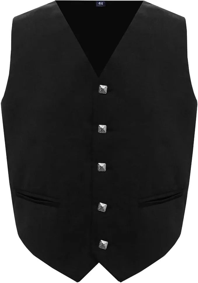 Scottish Black Argyll Kilt Jacket With Vest 15 Oz Finest Barathea Wool Fabric With Vest Gauntlet Style Cuffs