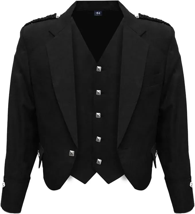 Scottish Black Argyll Kilt Jacket With Vest 15 Oz Finest Barathea Wool Fabric With Vest Gauntlet Style Cuffs