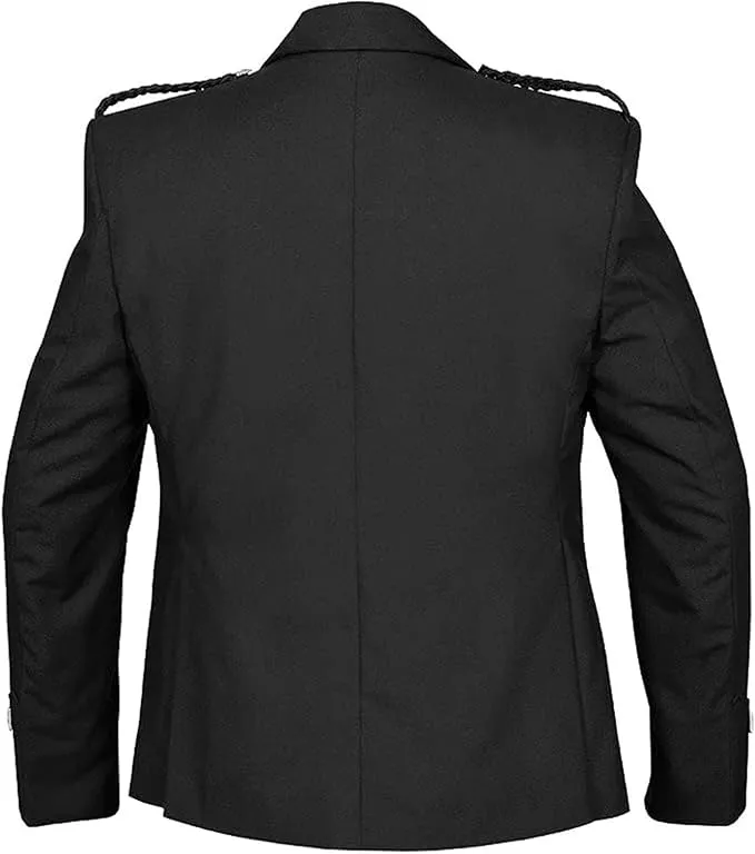 Scottish Black Argyll Kilt Jacket With Vest 15 Oz Finest Barathea Wool Fabric With Vest Gauntlet Style Cuffs