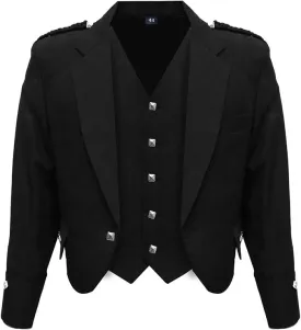 Scottish Black Argyll Kilt Jacket With Vest 15 Oz Finest Barathea Wool Fabric With Vest Gauntlet Style Cuffs