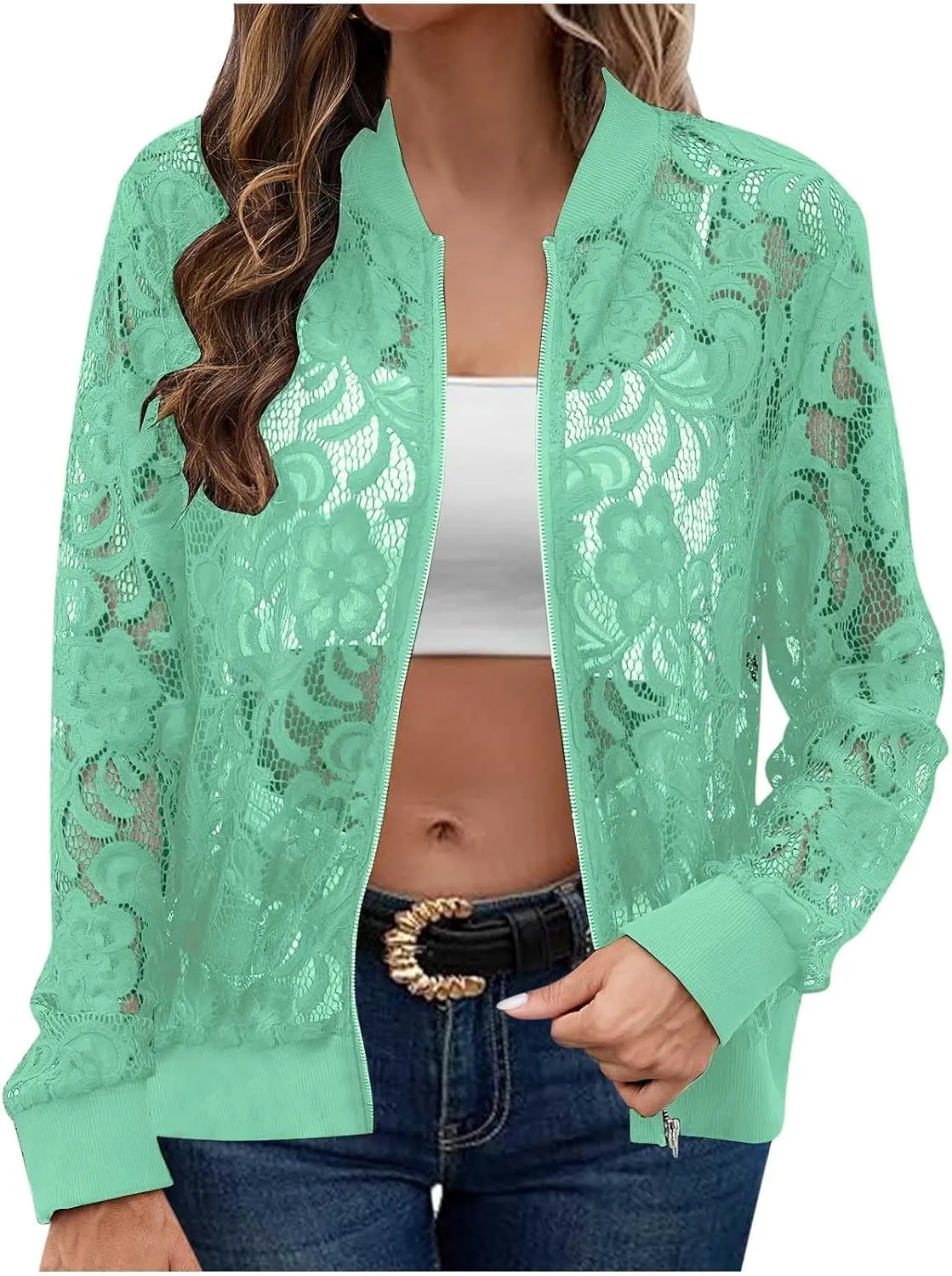 Sinzelimin Womens Lace Flroal Jacket Fashion Zipper Hollow Casual Outwear & Jackets Lightweight Cardigan Clubwear Blouse Tops