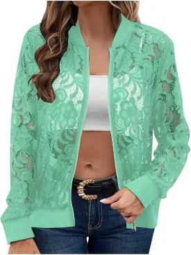 Sinzelimin Womens Lace Flroal Jacket Fashion Zipper Hollow Casual Outwear & Jackets Lightweight Cardigan Clubwear Blouse Tops