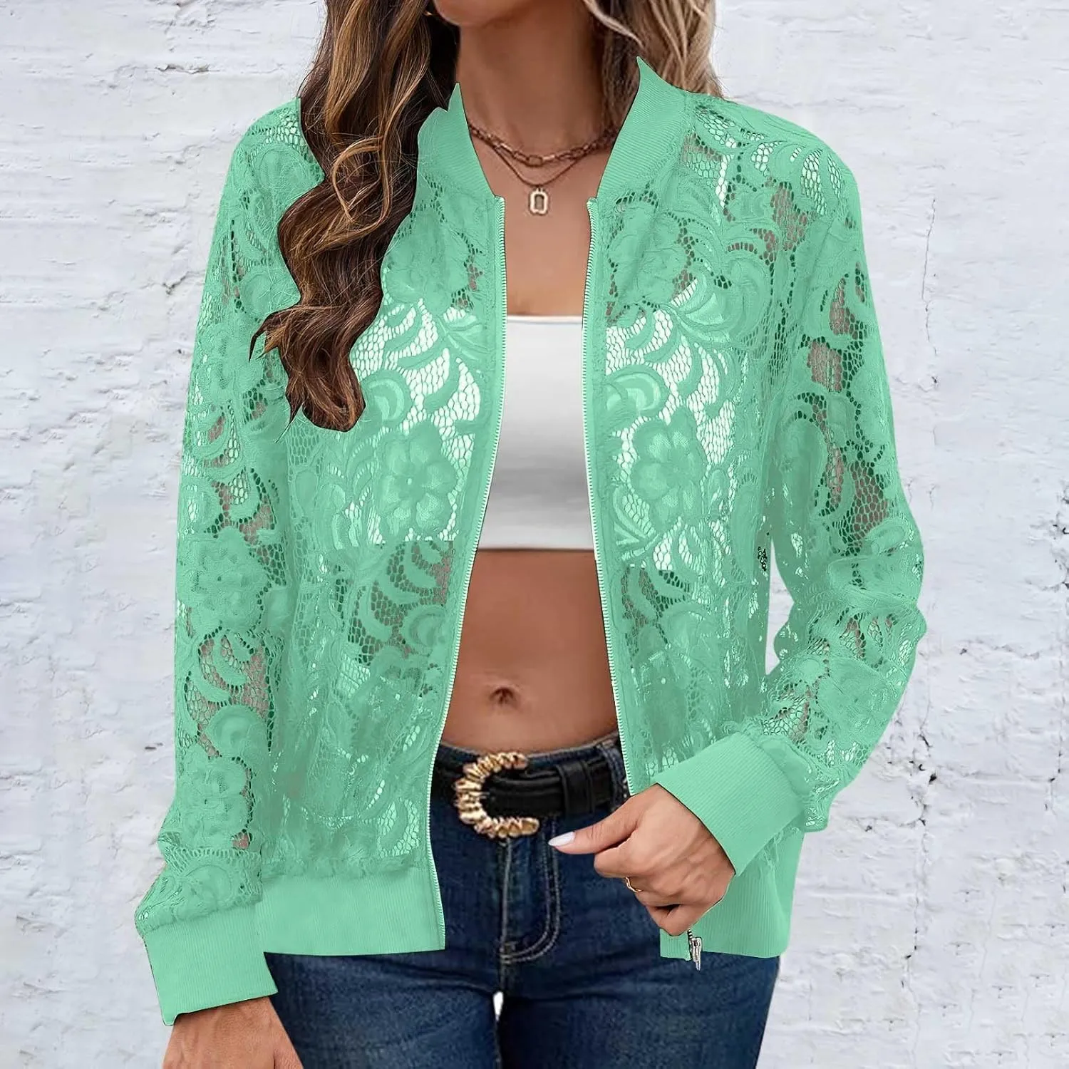 Sinzelimin Womens Lace Flroal Jacket Fashion Zipper Hollow Casual Outwear & Jackets Lightweight Cardigan Clubwear Blouse Tops