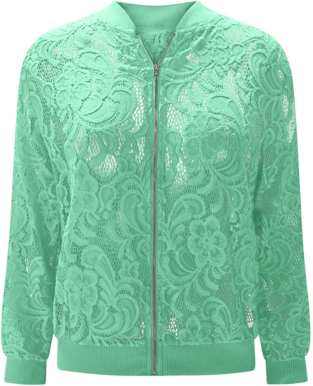 Sinzelimin Womens Lace Flroal Jacket Fashion Zipper Hollow Casual Outwear & Jackets Lightweight Cardigan Clubwear Blouse Tops