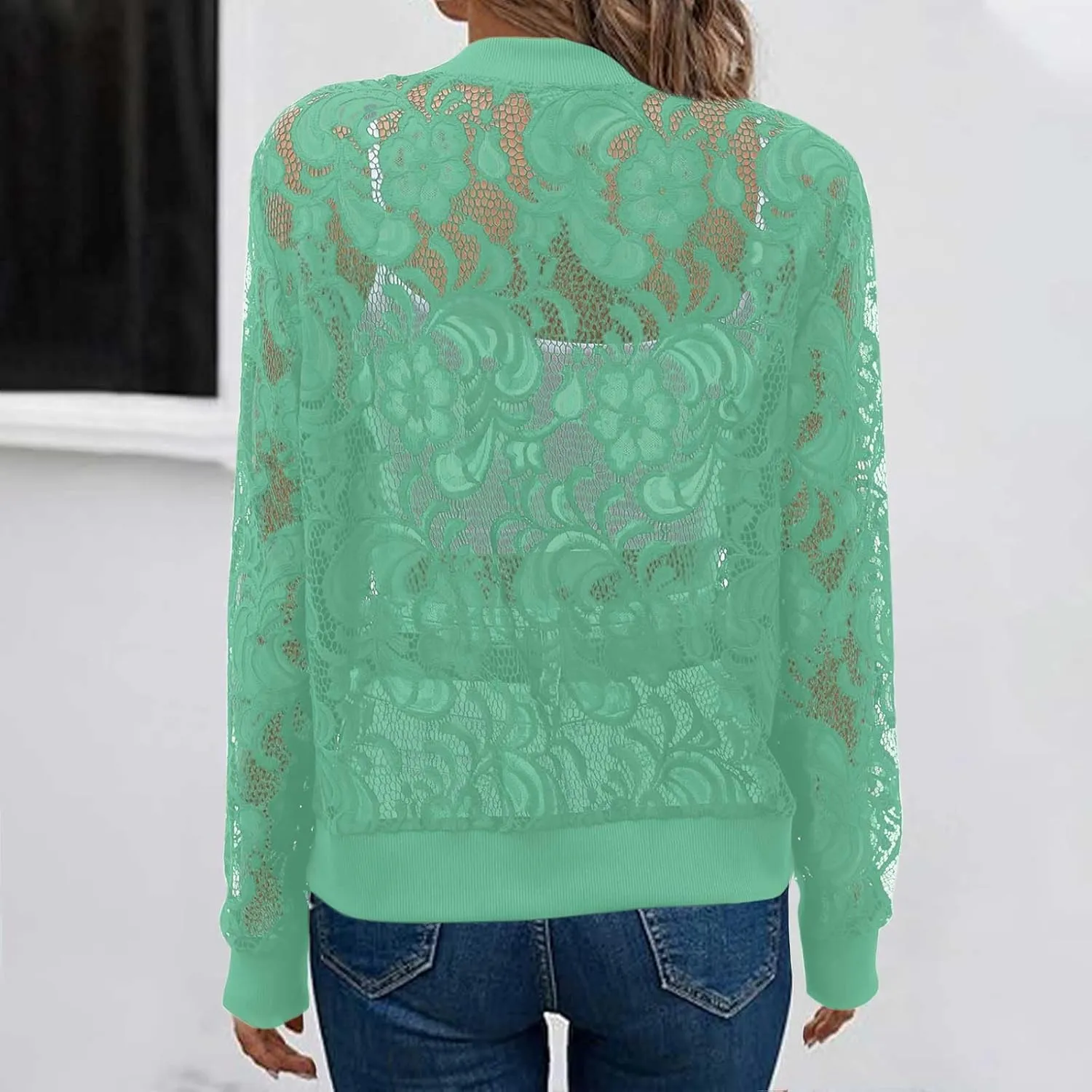 Sinzelimin Womens Lace Flroal Jacket Fashion Zipper Hollow Casual Outwear & Jackets Lightweight Cardigan Clubwear Blouse Tops