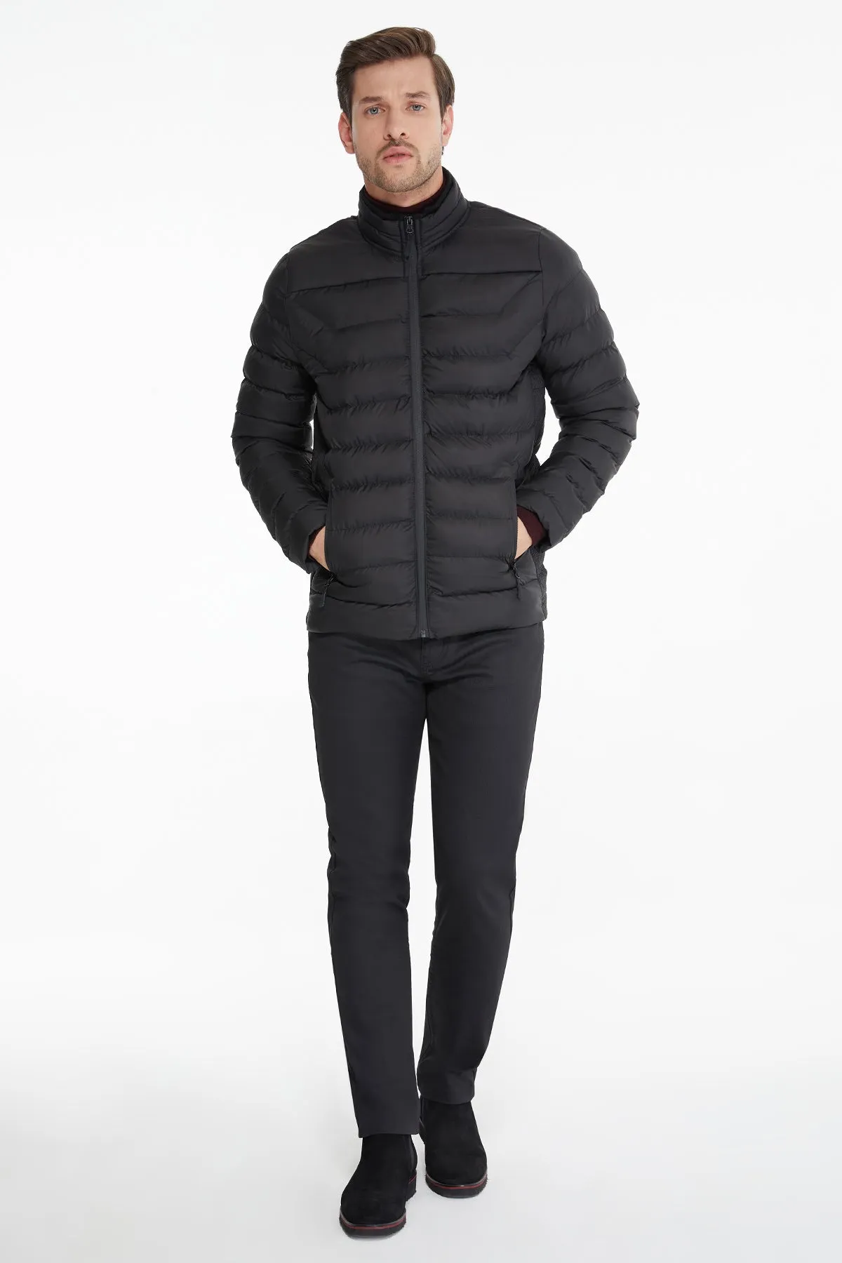 Slim Fit Black Padded Stand Collar Coat