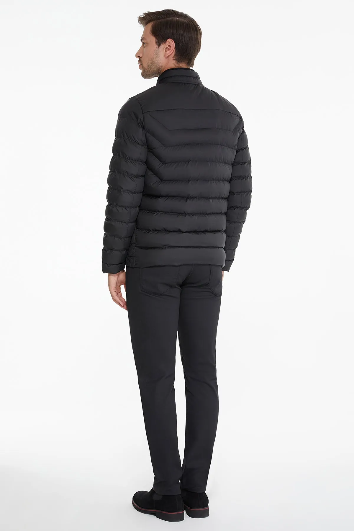 Slim Fit Black Padded Stand Collar Coat
