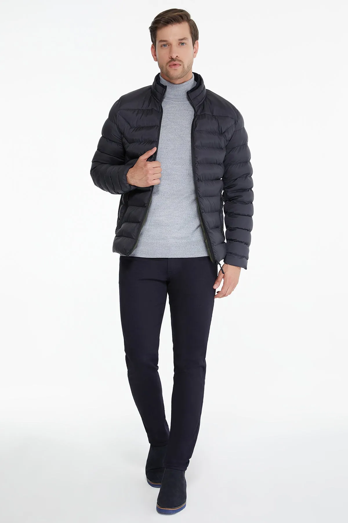Slim Fit Navy Padded Stand Collar Coat