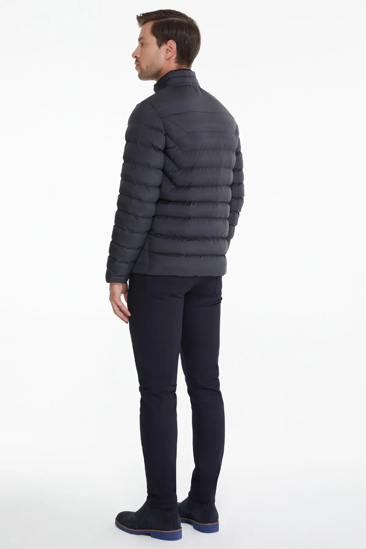 Slim Fit Navy Padded Stand Collar Coat