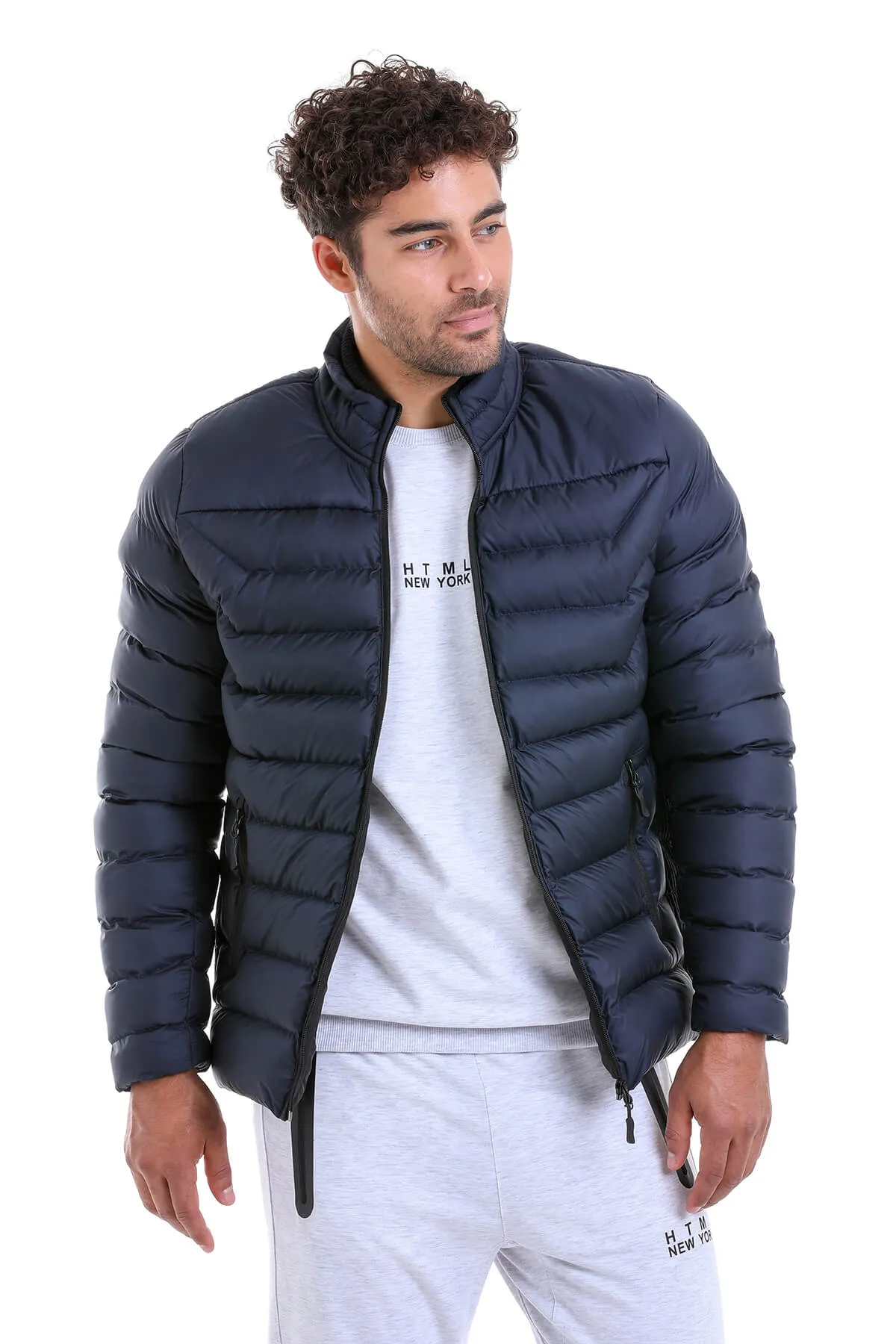 Slim Fit Padded EPHESUS Stand Collar Light Gray Coat, Navy