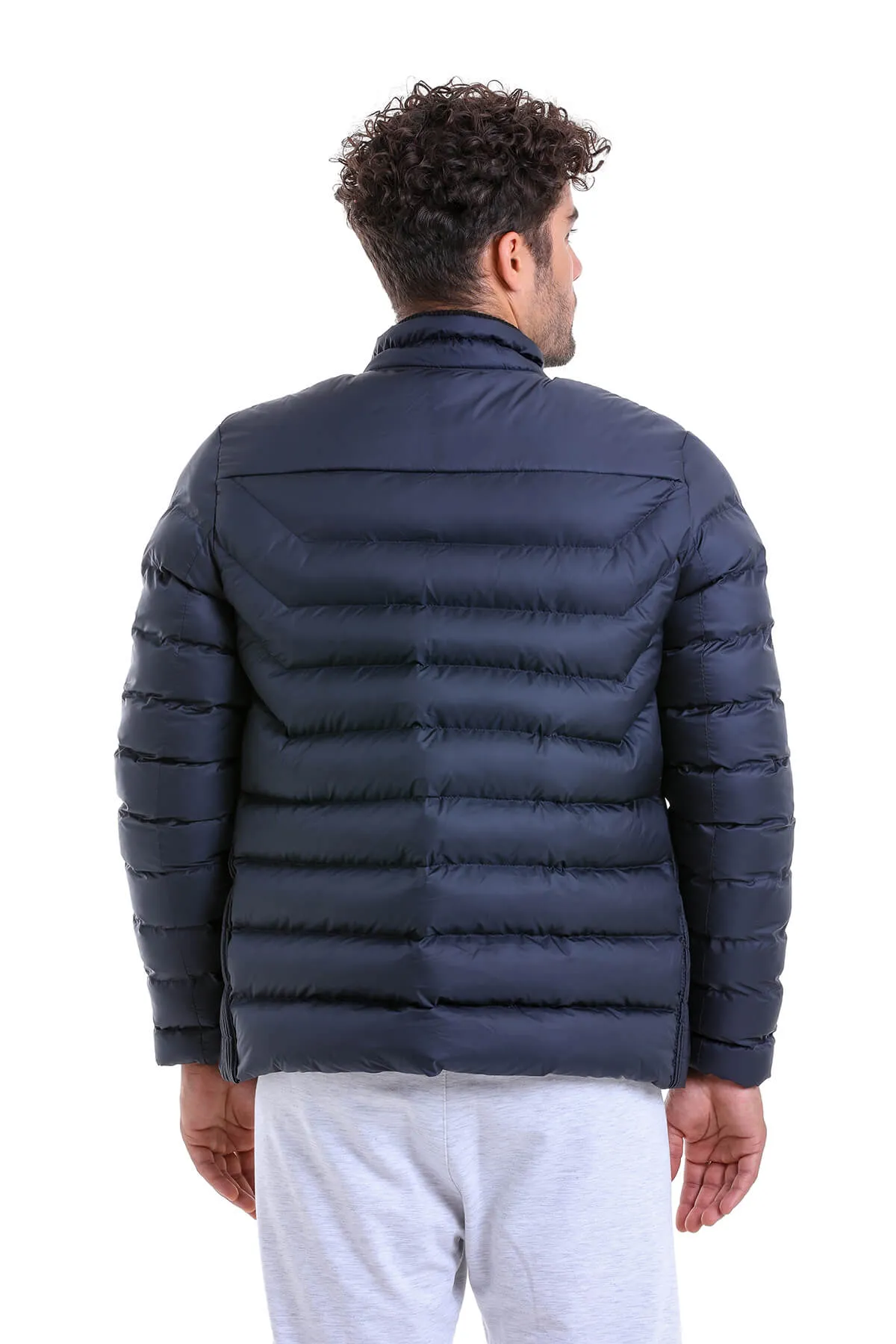 Slim Fit Padded EPHESUS Stand Collar Light Gray Coat, Navy