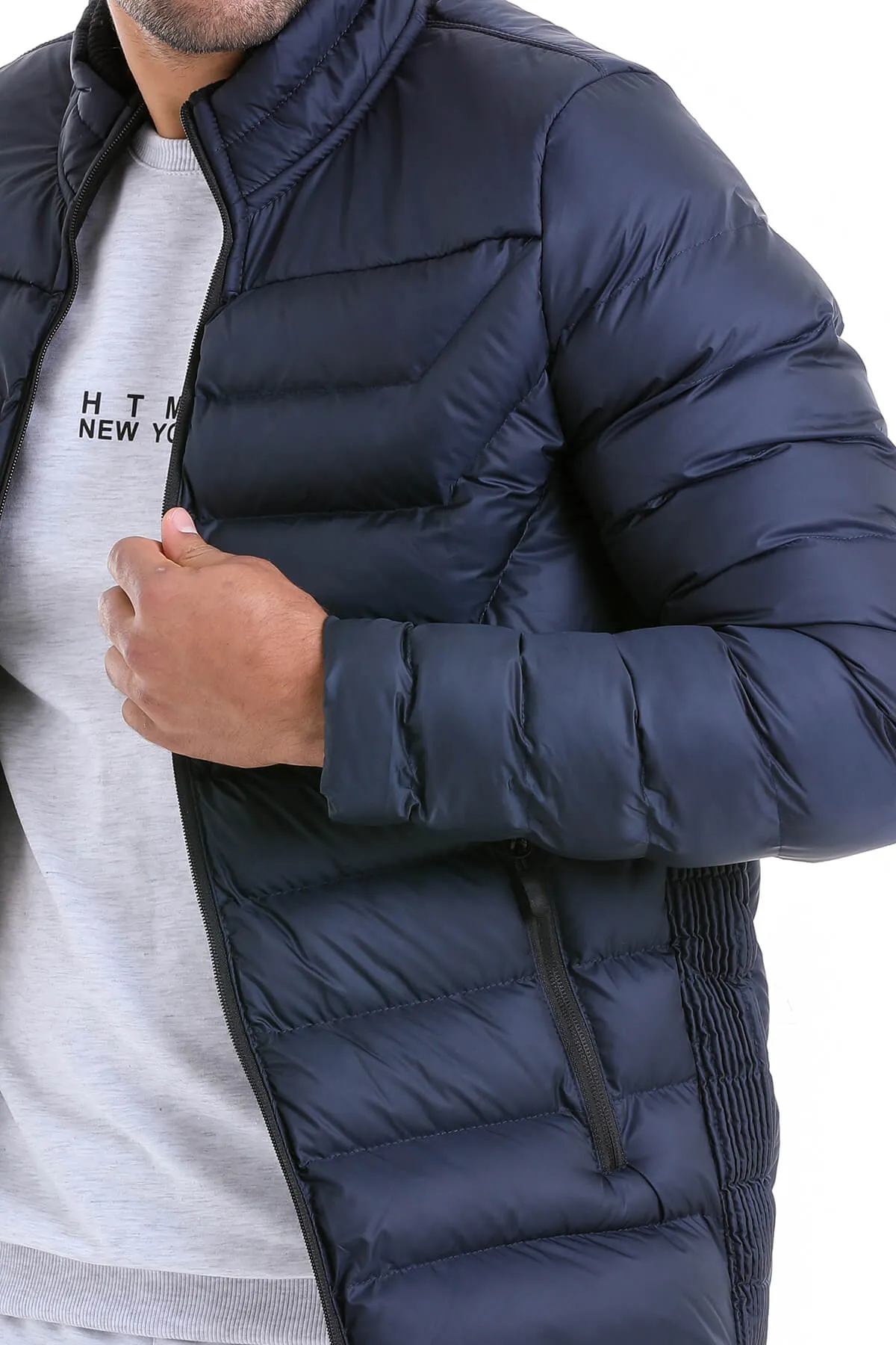 Slim Fit Padded EPHESUS Stand Collar Light Gray Coat, Navy