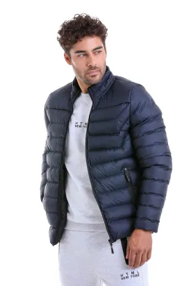 Slim Fit Padded EPHESUS Stand Collar Light Gray Coat, Navy
