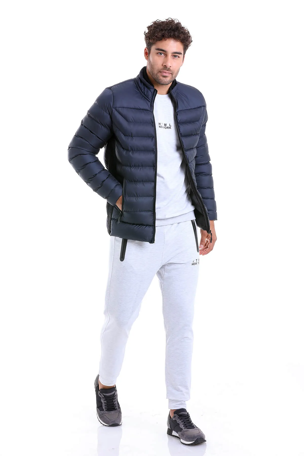 Slim Fit Padded EPHESUS Stand Collar Light Gray Coat, Navy