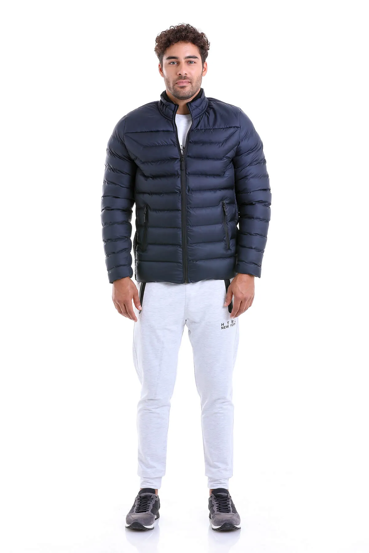 Slim Fit Padded EPHESUS Stand Collar Light Gray Coat, Navy