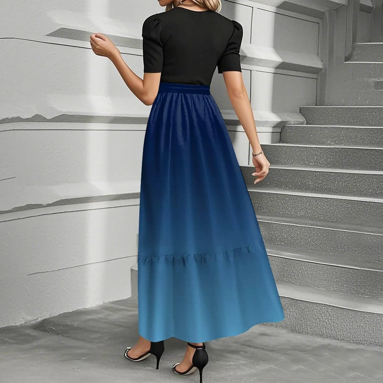 Summer Dresses for Women Tie Belted Elegant Dress Floral Print Flowy Short Sleeve Dress Patchwork Empire Waist Maxi Dress