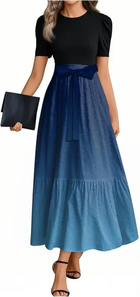 Summer Dresses for Women Tie Belted Elegant Dress Floral Print Flowy Short Sleeve Dress Patchwork Empire Waist Maxi Dress