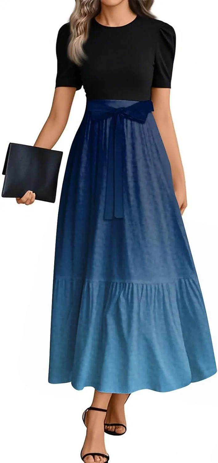 Summer Dresses for Women Tie Belted Elegant Dress Floral Print Flowy Short Sleeve Dress Patchwork Empire Waist Maxi Dress