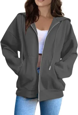 Tops for Women Zip Up Hooded Sweatshirt Ladies Solid Color Long Sleeve Casual Loose Lightweight Jacket with Pockets