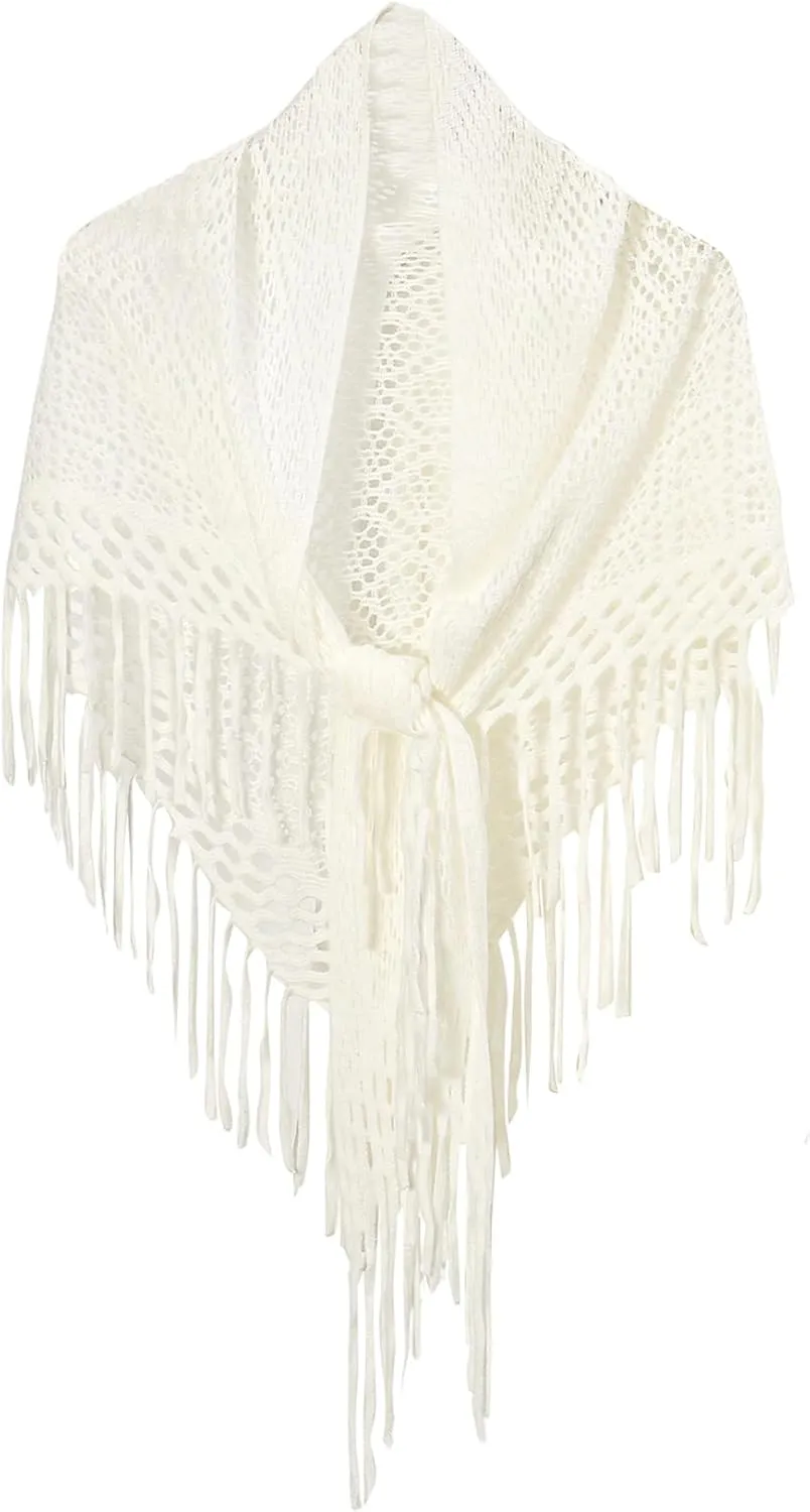 Verdusa Women's Fringe Shrug Sweaters Shawl Front Warp Cardigan Hollow Out Knitted Shawl Wraps