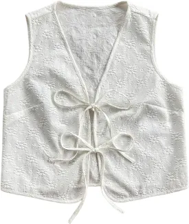 Verdusa Women's Vintage Floral Print Bow Tie Cowgirl Vest V Neck Sleeveless Jacket Outerwear