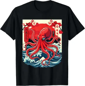 Vintage Japanese Octopus Shirt Woodblock Art Ocean Wave Sun T-Shirt