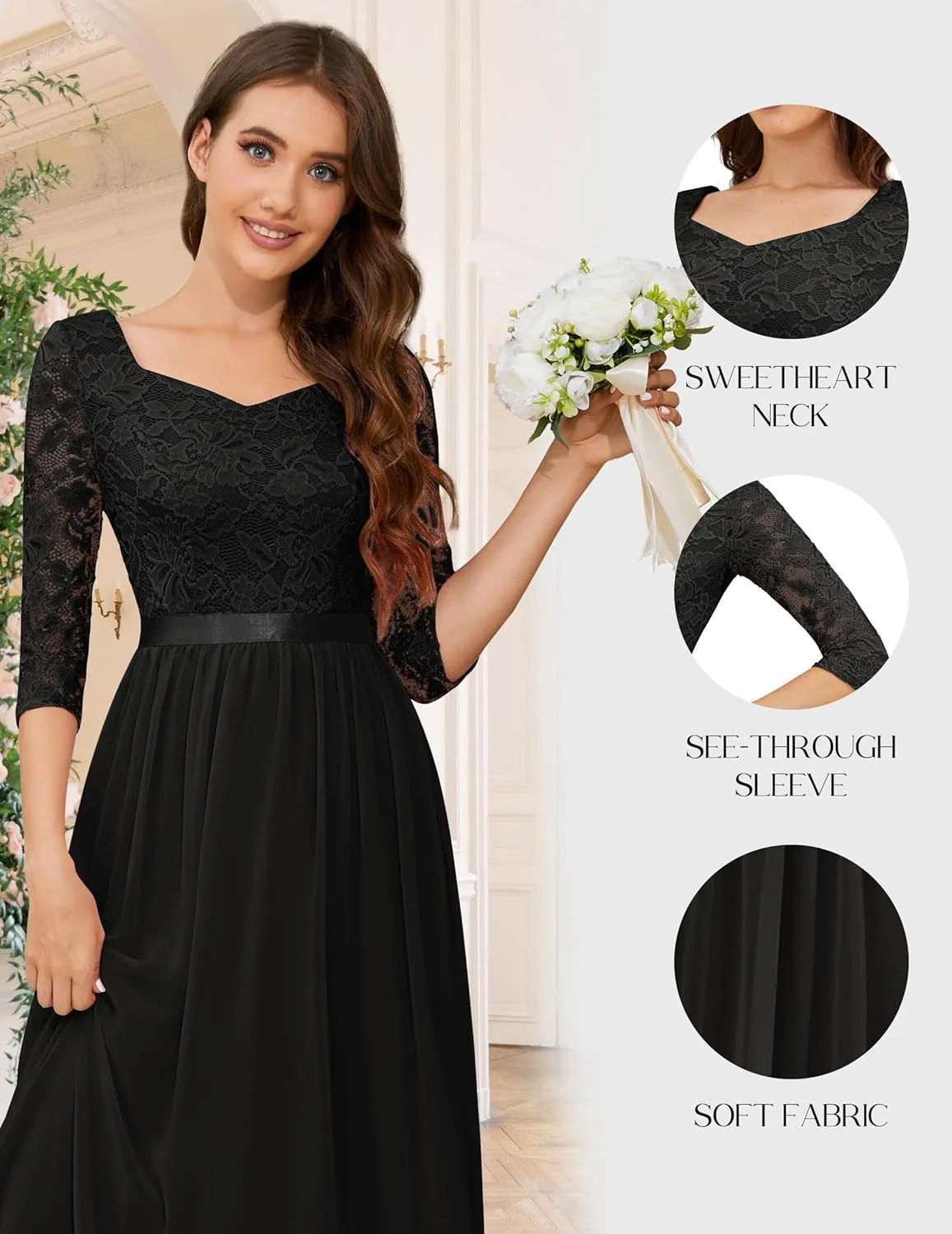 Wedtrend Women's Formal Dress Mother of The Bride Dress 3/4 Sleeve Wedding Guest Dress Maxi Evening Gown