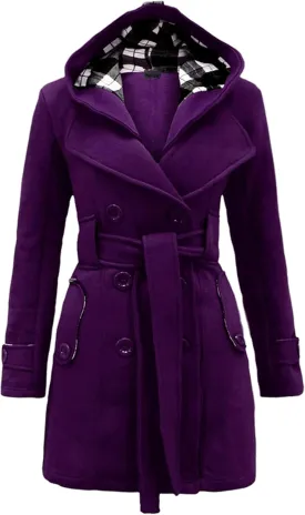 WIWIQS Women's Hooded Double-Breasted Thick Wool Blend Trench Coat Jacket Winter Mid-Long Pea Coat with Belt