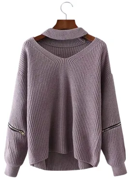 Women Knitted Choker Sweater V Neck Drop Shoulder