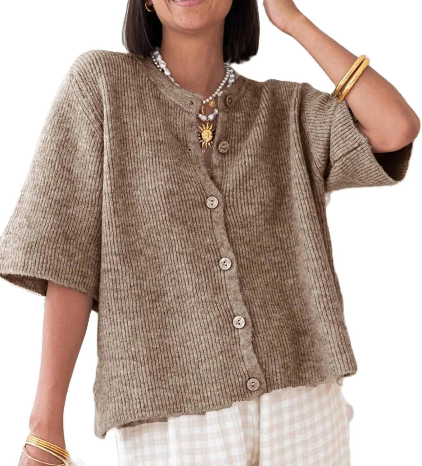 Women Knitted Crop Cardigan Shirt Short Sleeve Button Down Ribbed Knit Crop Top Y2k Girls Outwear Top Tee Shirt
