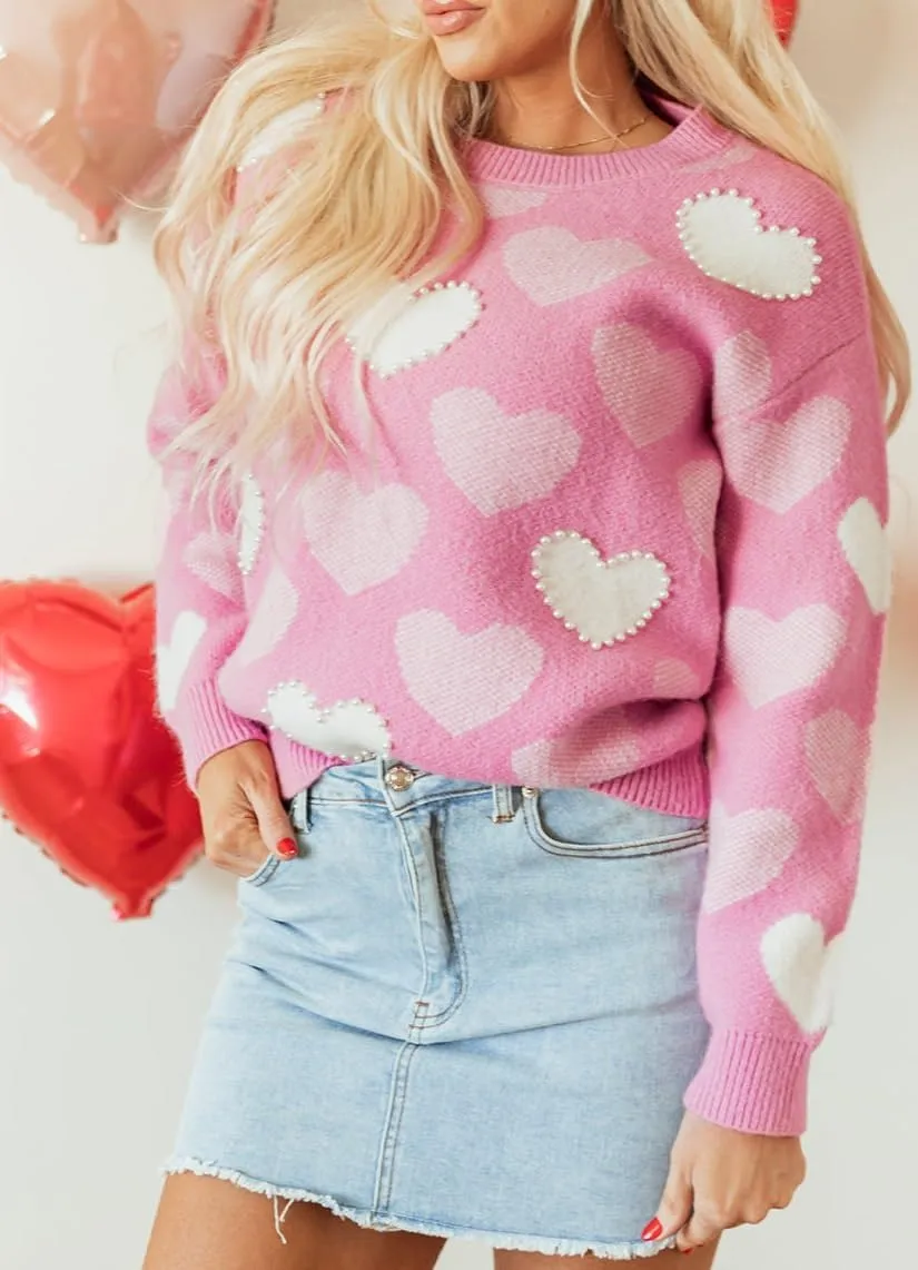 Women Pearl Sweater Love Heart Graphic Knitted Sweatshirts Cute Oversized Pullover Shirts