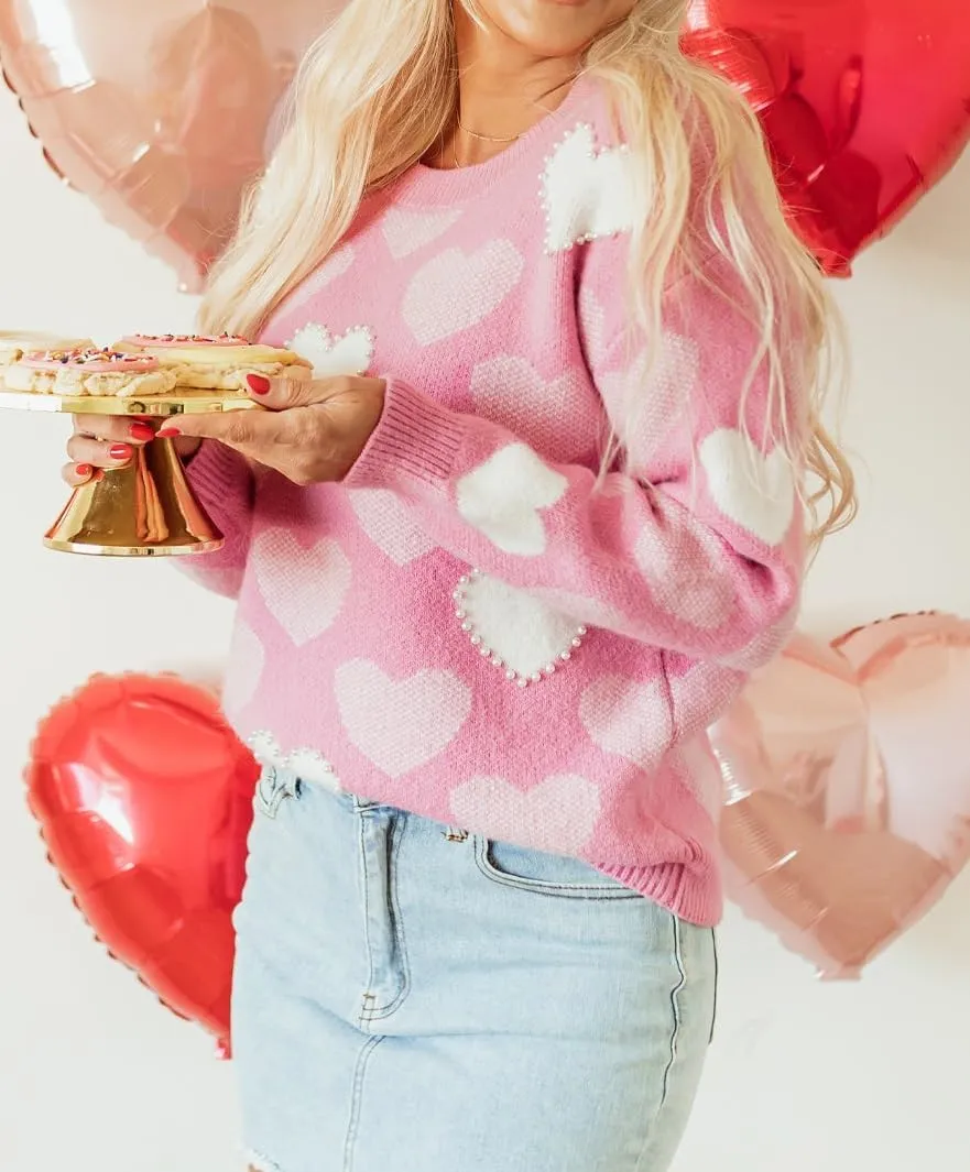 Women Pearl Sweater Love Heart Graphic Knitted Sweatshirts Cute Oversized Pullover Shirts